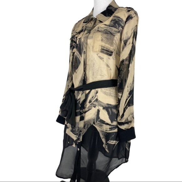 Andrew Marc Women's Tan GEO Print Sheer Button Down Swim Cover-Up Dress 8/C36 - Picture 6 of 10